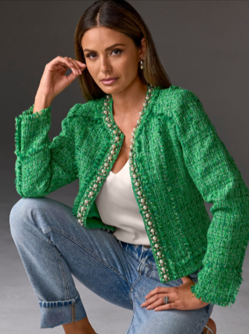 Boston Proper Green Tweed Jacket Blazer Pearl Trim Frayed Fringed Shimmer Size 2